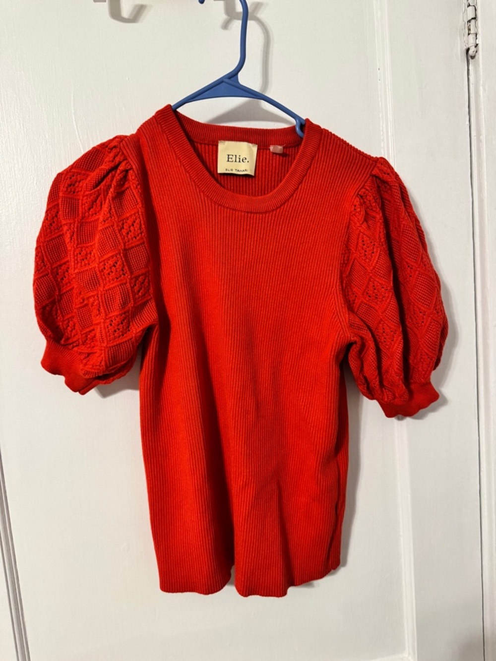 Elie Tahari Red Puff Sleeve Knit Top
